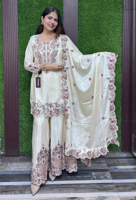 Designer Chinnon Silk Multi Thread Embroidered Sharara Suit Set with Embroidered Dupatta