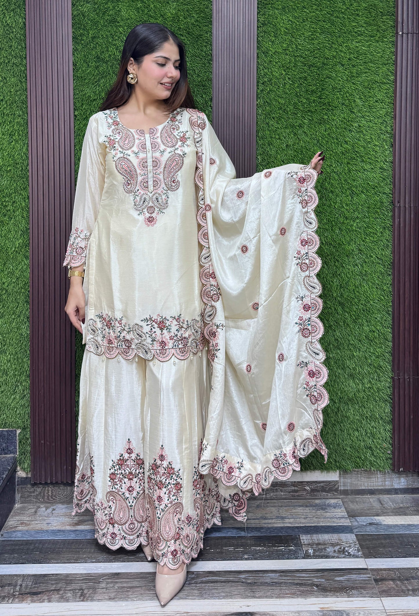 Designer Chinnon Silk Multi Thread Embroidered Sharara Suit Set with Embroidered Dupatta