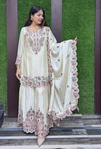 Designer Chinnon Silk Multi Thread Embroidered Sharara Suit Set with Embroidered Dupatta