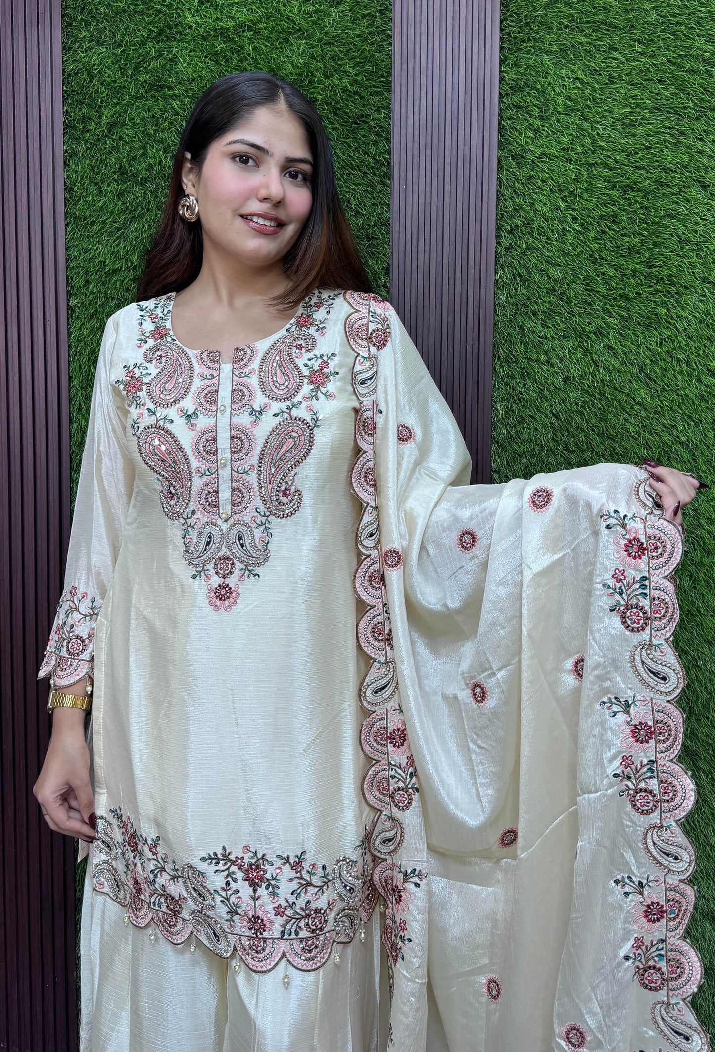Designer Chinnon Silk Multi Thread Embroidered Sharara Suit Set with Embroidered Dupatta