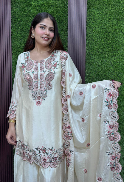 Designer Chinnon Silk Multi Thread Embroidered Sharara Suit Set with Embroidered Dupatta