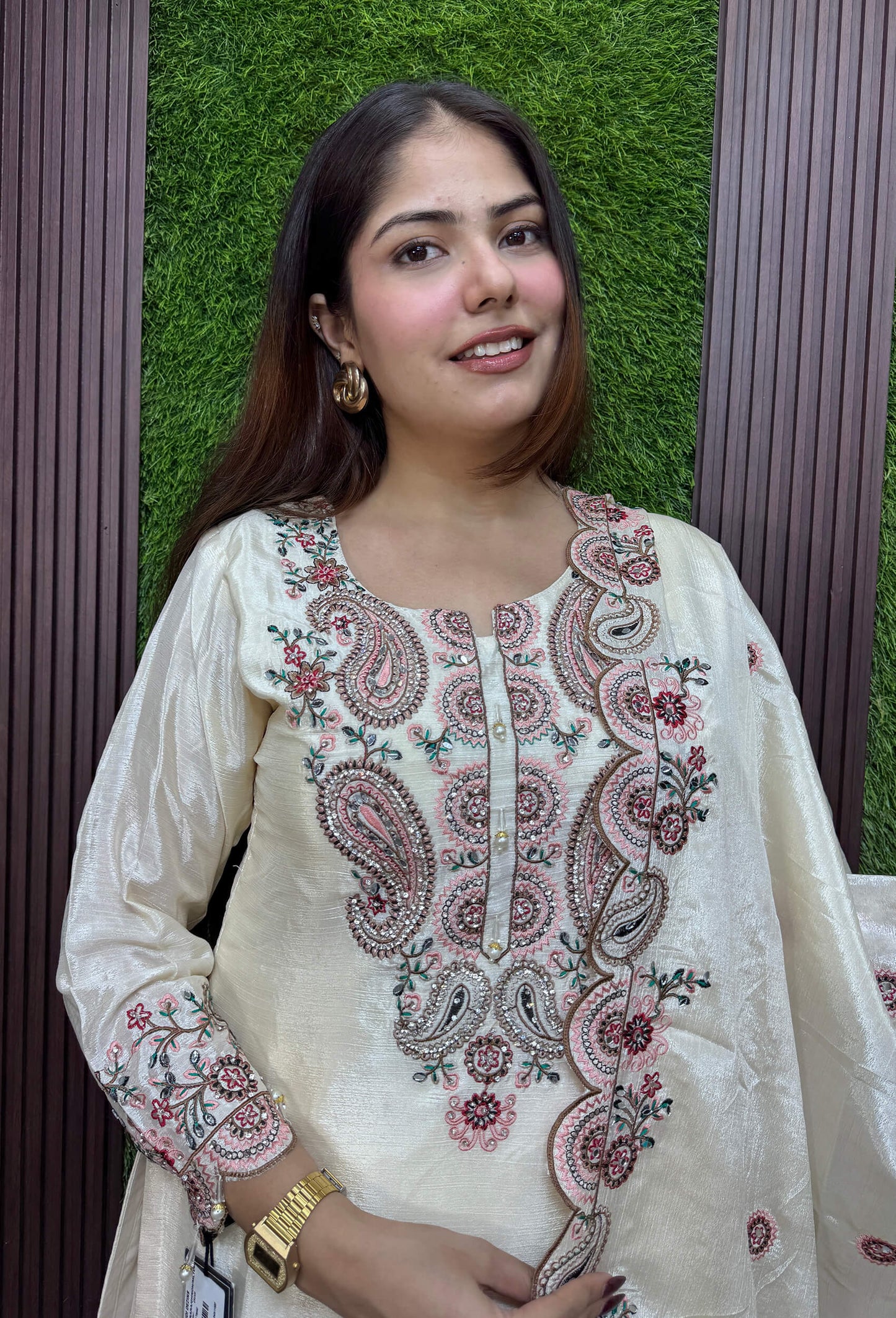 Designer Chinnon Silk Multi Thread Embroidered Sharara Suit Set with Embroidered Dupatta