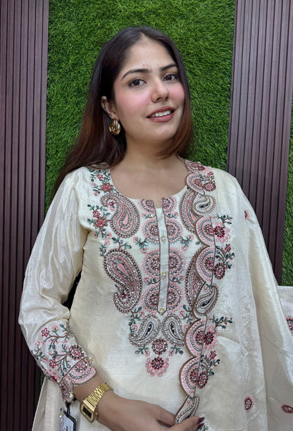 Designer Chinnon Silk Multi Thread Embroidered Sharara Suit Set with Embroidered Dupatta