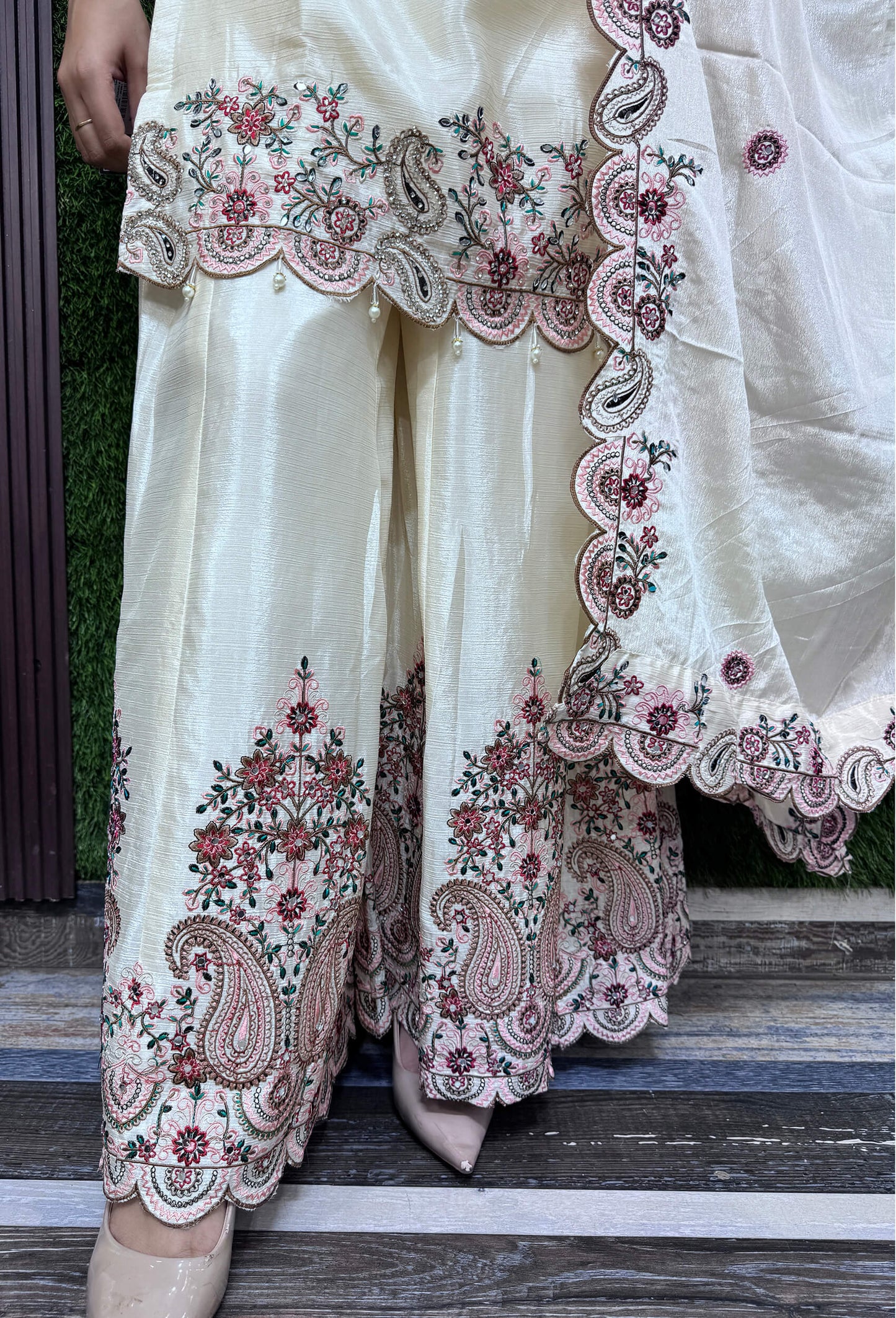 Designer Chinnon Silk Multi Thread Embroidered Sharara Suit Set with Embroidered Dupatta