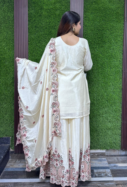 Designer Chinnon Silk Multi Thread Embroidered Sharara Suit Set with Embroidered Dupatta