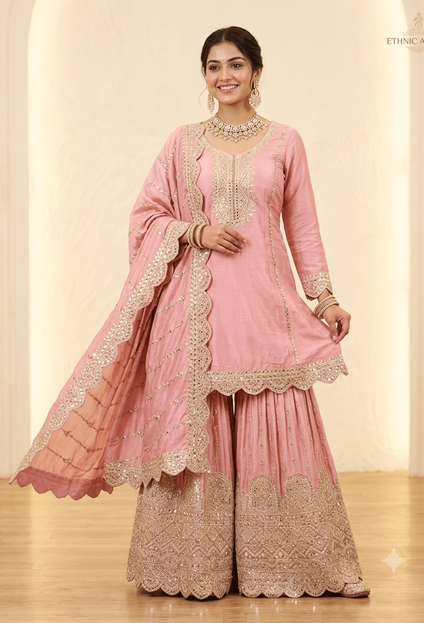 Heavy Embroidered Chinnon Silk Sharara Suit Set with Embroidered Dupatta