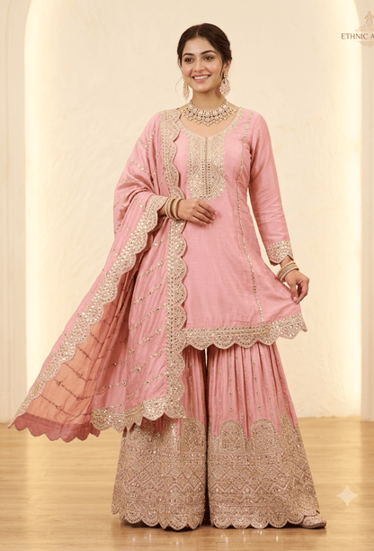 Heavy Embroidered Chinnon Silk Sharara Suit Set with Embroidered Dupatta