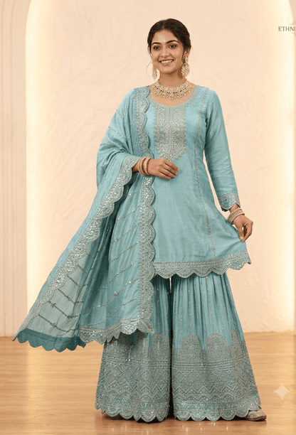 Heavy Embroidered Chinnon Silk Sharara Suit Set with Embroidered Dupatta