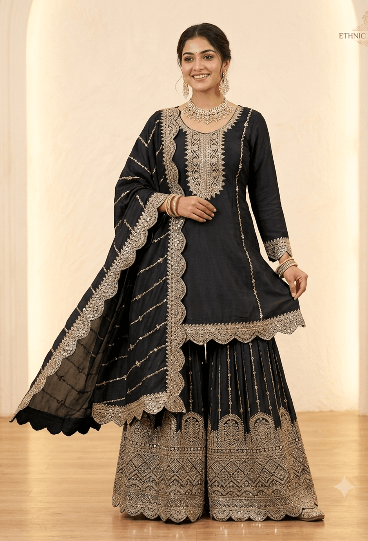 Heavy Embroidered Chinnon Silk Sharara Suit Set with Embroidered Dupatta
