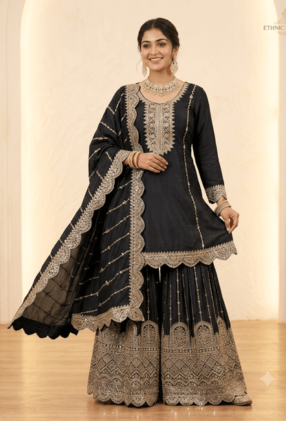 Heavy Embroidered Chinnon Silk Sharara Suit Set with Embroidered Dupatta