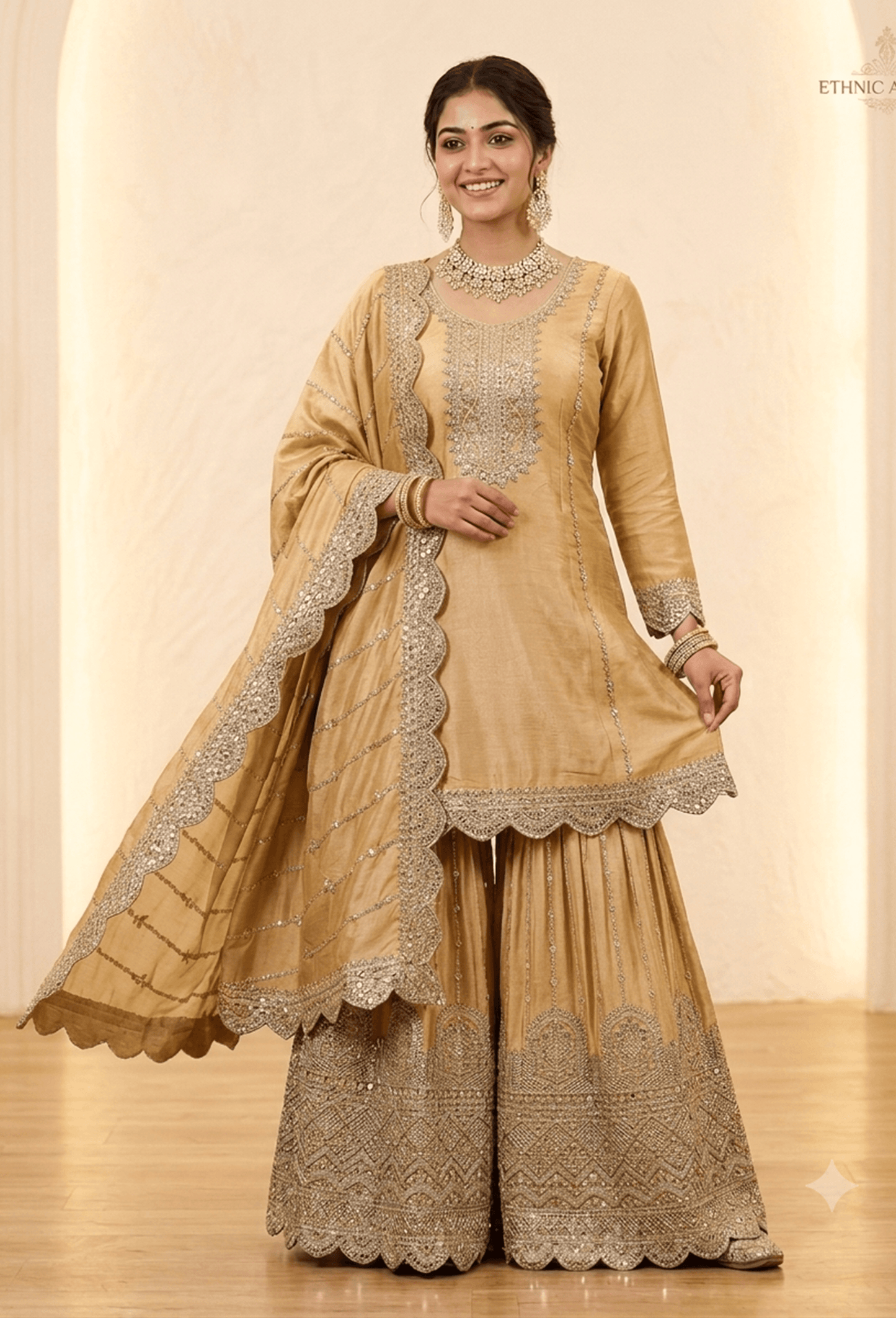 Heavy Embroidered Chinnon Silk Sharara Suit Set with Embroidered Dupatta