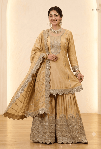 Heavy Embroidered Chinnon Silk Sharara Suit Set with Embroidered Dupatta
