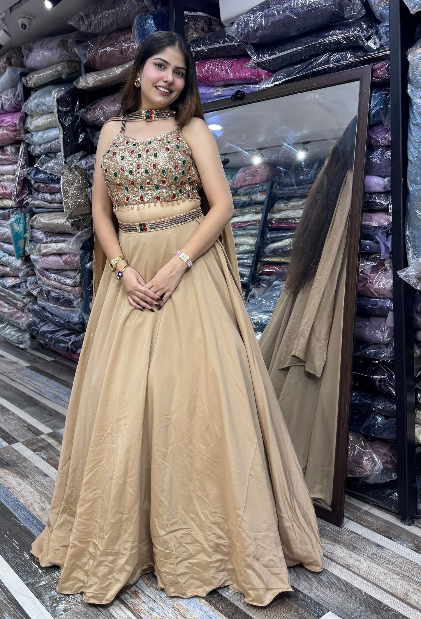 Designer Imported Crepe Emerald Stone Work Lehenga Choli with Choker Dupatta