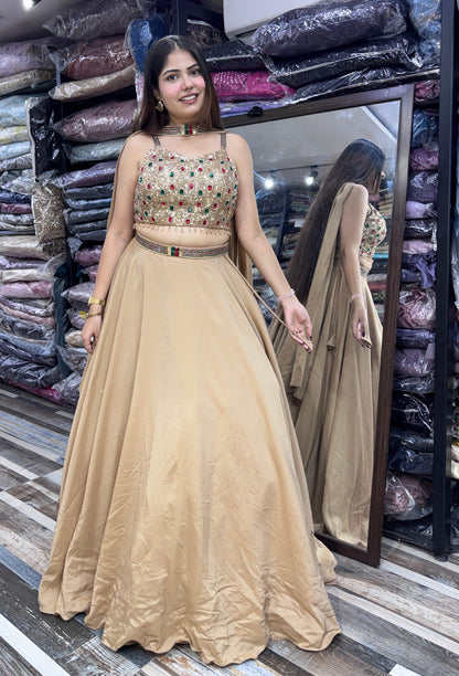 Designer Imported Crepe Emerald Stone Work Lehenga Choli with Choker Dupatta