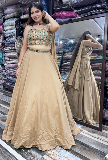 Designer Imported Crepe Emerald Stone Work Lehenga Choli with Choker Dupatta