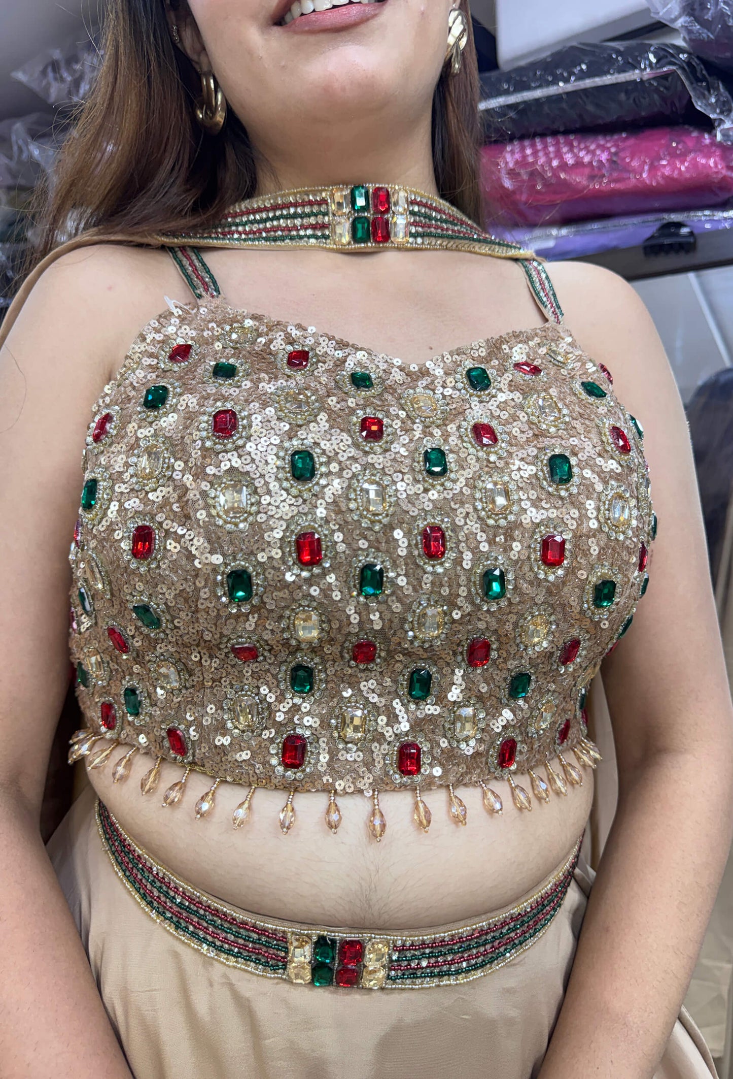 Designer Imported Crepe Emerald Stone Work Lehenga Choli with Choker Dupatta