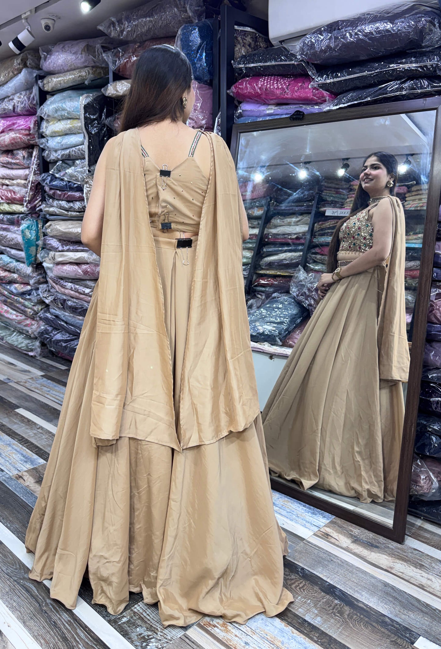 Designer Imported Crepe Emerald Stone Work Lehenga Choli with Choker Dupatta