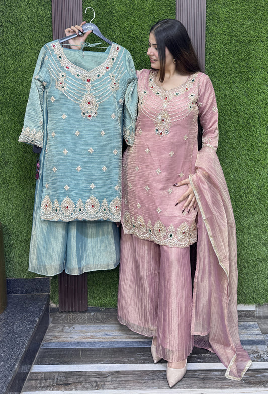 Emerald Stone Work Crush Silk Sharara Suit with Dupatta