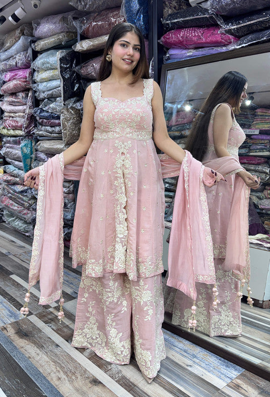 Women's Designer Soft Silk Thread Embroidered Front Slit Suit Set with Palazzo & Dupatta