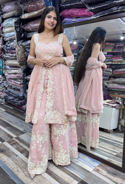 Women's Designer Soft Silk Thread Embroidered Front Slit Suit Set with Palazzo & Dupatta