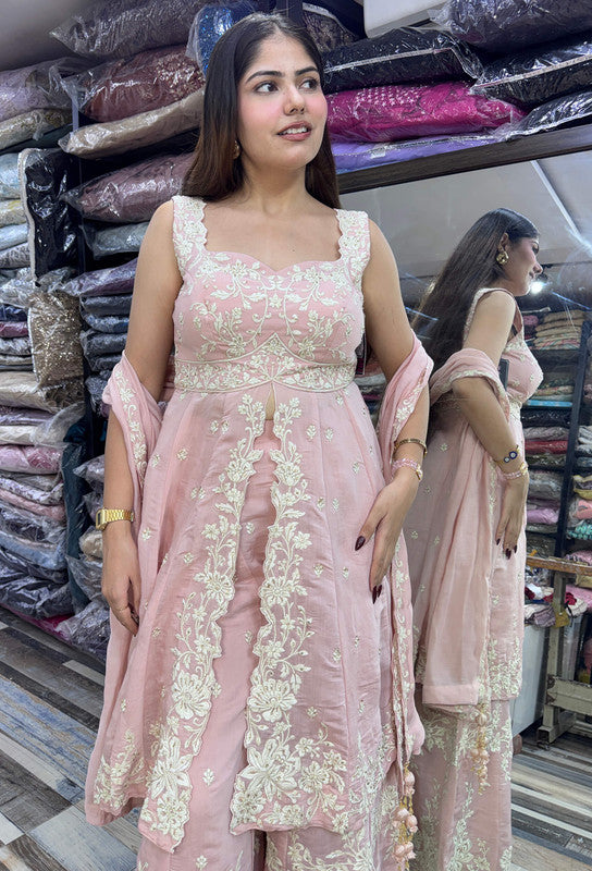 Women's Designer Soft Silk Thread Embroidered Front Slit Suit Set with Palazzo & Dupatta
