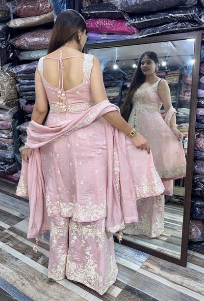 Women's Designer Soft Silk Thread Embroidered Front Slit Suit Set with Palazzo & Dupatta