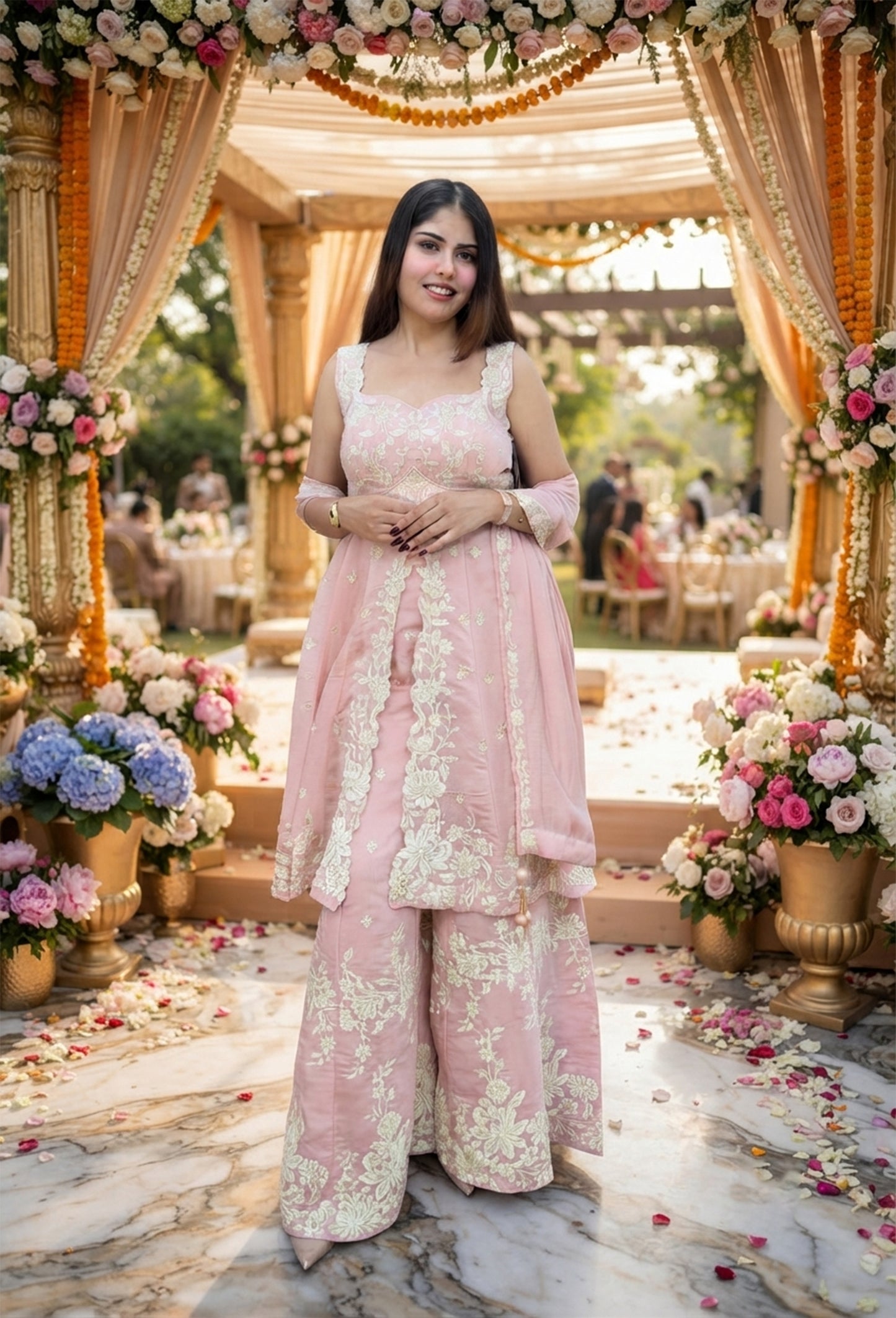 Designer Soft Silk Thread Embroidered Front Slit Suit Set with Palazzo & Dupatta
