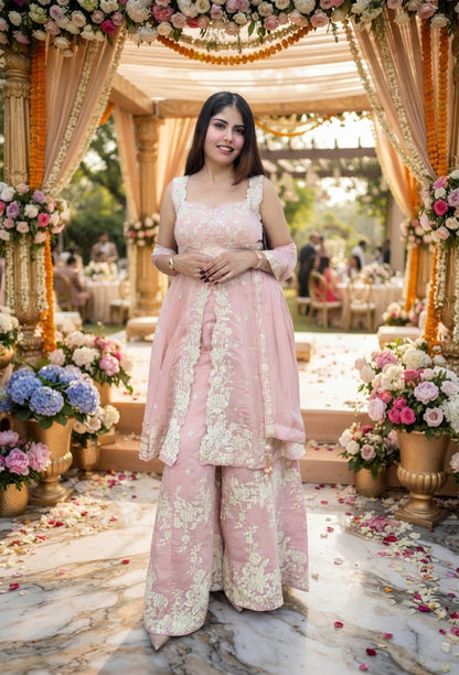 Designer Soft Silk Thread Embroidered Front Slit Suit Set with Palazzo & Dupatta