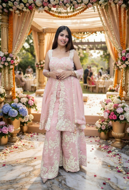 Designer Soft Silk Thread Embroidered Front Slit Suit Set with Palazzo & Dupatta
