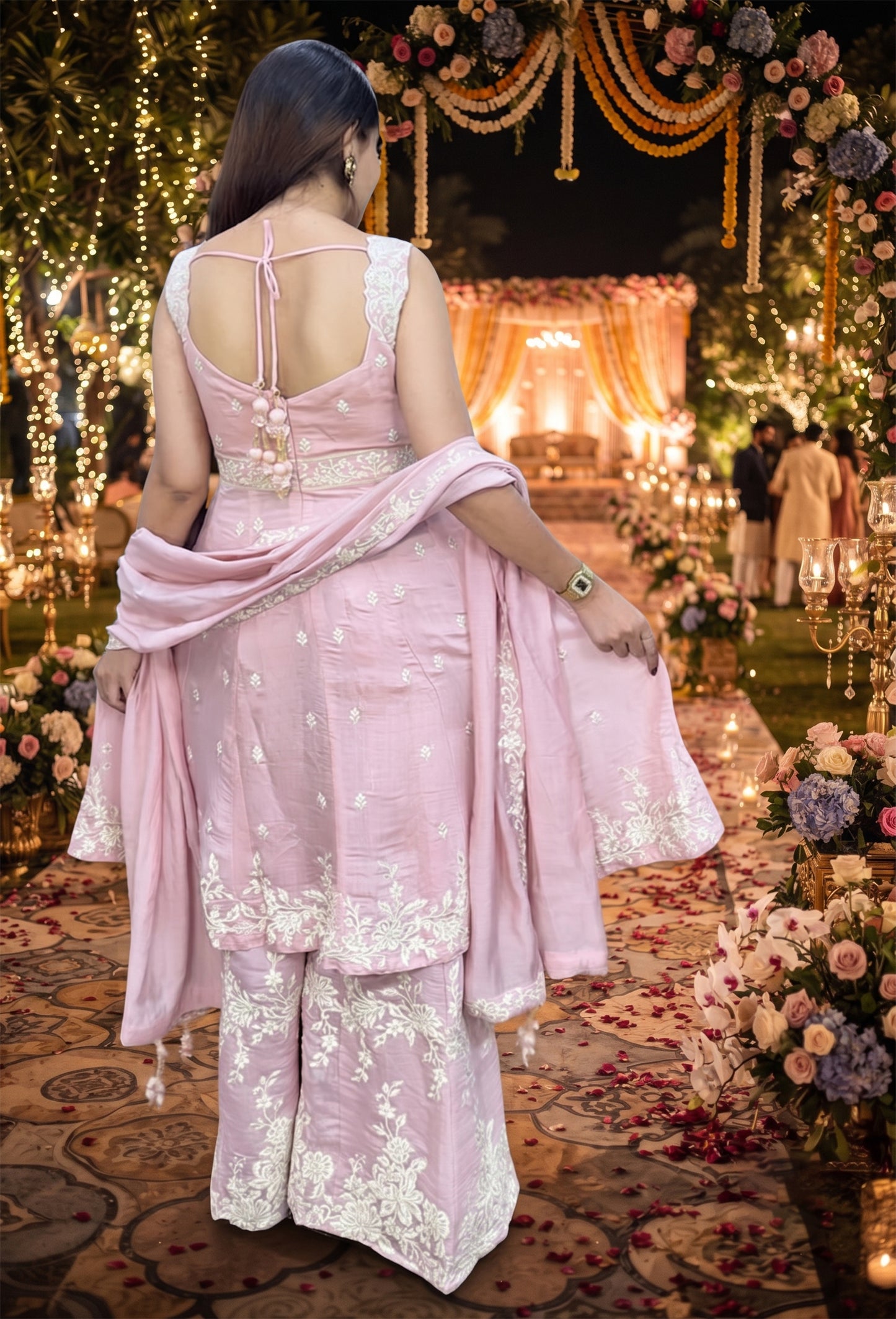 Designer Soft Silk Thread Embroidered Front Slit Suit Set with Palazzo & Dupatta