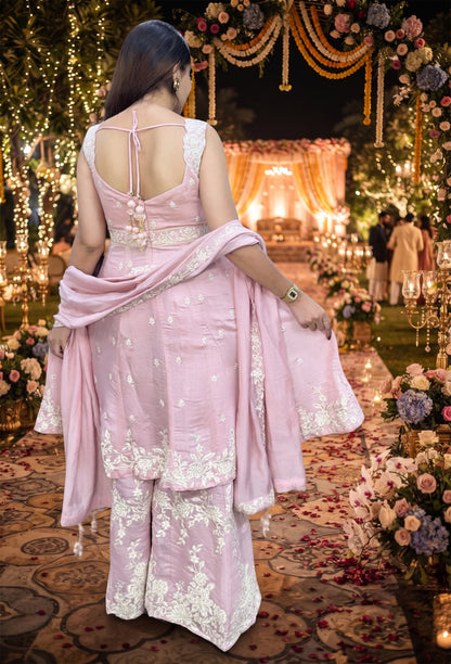 Designer Soft Silk Thread Embroidered Front Slit Suit Set with Palazzo & Dupatta