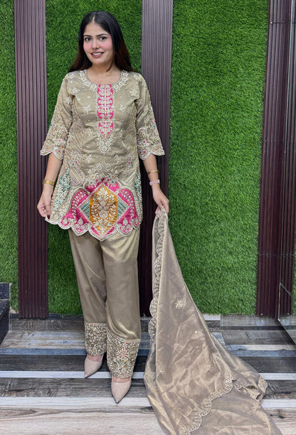 Party Wear Heavey Embroidered Organza Silk Shirt & Pants with Organza Scalping Embroidered Duppatta