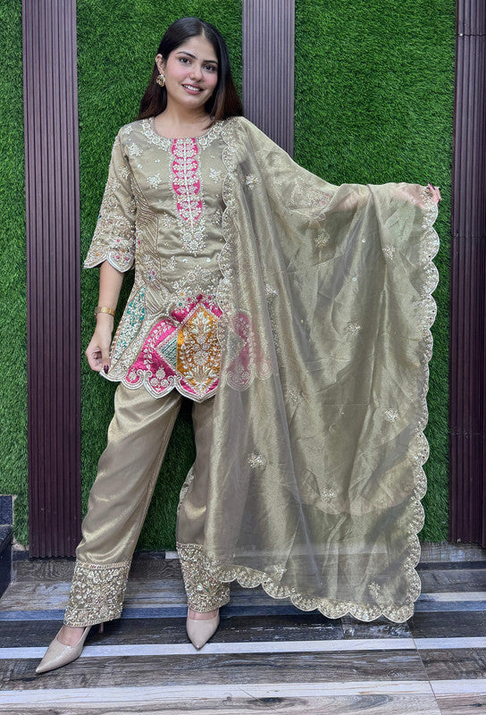 Party Wear Heavey Embroidered Organza Silk Shirt & Pants with Organza Scalping Embroidered Duppatta
