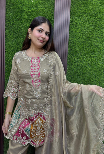 Party Wear Heavey Embroidered Organza Silk Shirt & Pants with Organza Scalping Embroidered Duppatta