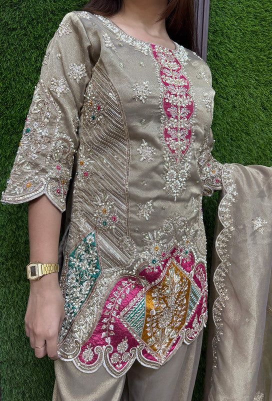 Party Wear Heavey Embroidered Organza Silk Shirt & Pants with Organza Scalping Embroidered Duppatta