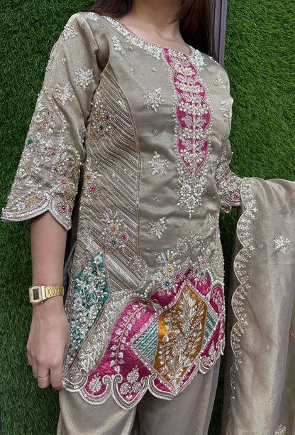 Party Wear Heavey Embroidered Organza Silk Shirt & Pants with Organza Scalping Embroidered Duppatta