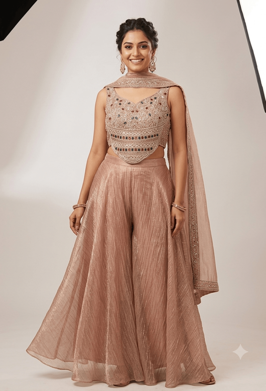 Partywear Crush Silk Emerald Stone Work Crop Top Sharara Dress with Choker Dupatta