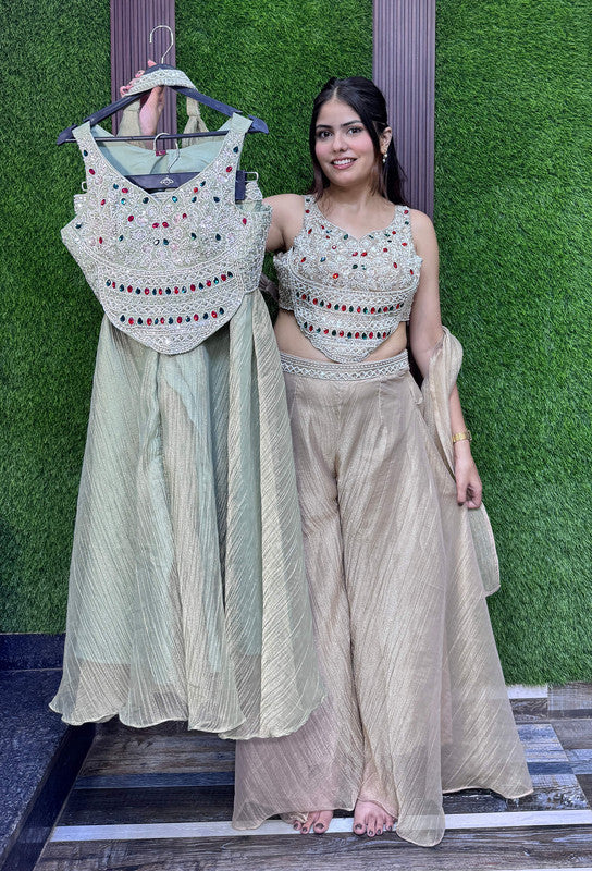 Partywear Crush Silk Emerald Stone Work Crop Top Sharara Dress with Choker Dupatta