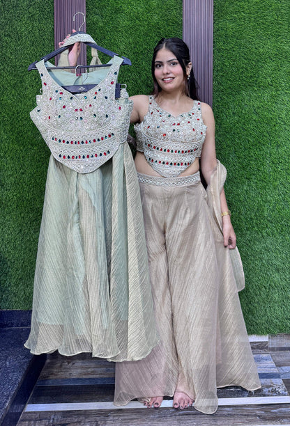 Partywear Crush Silk Emerald Stone Work Crop Top Sharara Dress with Choker Dupatta