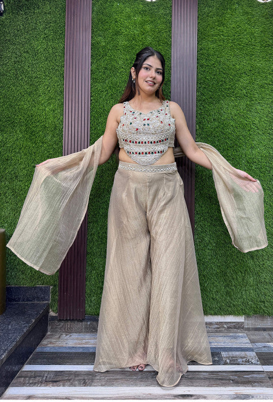 Partywear Crush Silk Emerald Stone Work Crop Top Sharara Dress with Choker Dupatta
