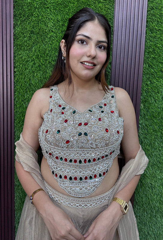 Partywear Crush Silk Emerald Stone Work Crop Top Sharara Dress with Choker Dupatta