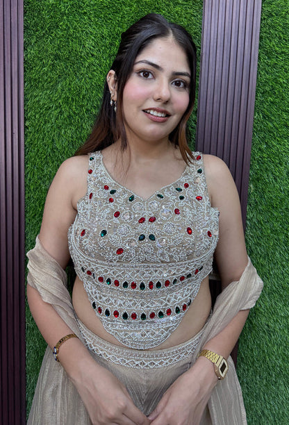 Partywear Crush Silk Emerald Stone Work Crop Top Sharara Dress with Choker Dupatta