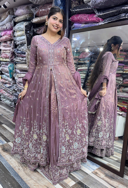 Elegant Partywear Flared Chinnon Silk Front-Slit Anarkali Suit Set with Beadwork Skirt & Dupatta