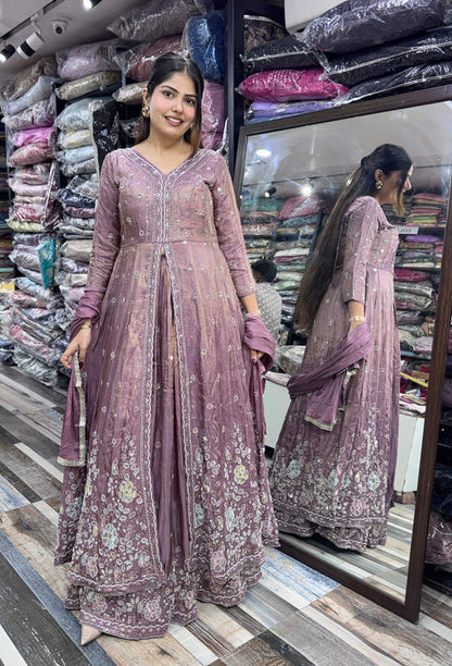Elegant Partywear Flared Chinnon Silk Front-Slit Anarkali Suit Set with Beadwork Skirt & Dupatta