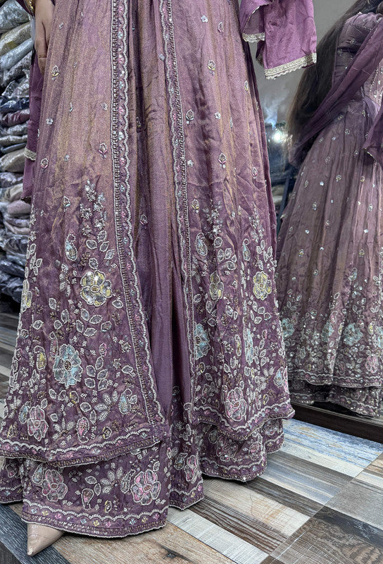 Elegant Partywear Flared Chinnon Silk Front-Slit Anarkali Suit Set with Beadwork Skirt & Dupatta