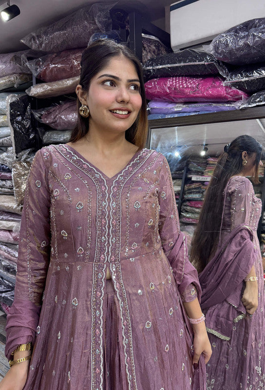 Elegant Partywear Flared Chinnon Silk Front-Slit Anarkali Suit Set with Beadwork Skirt & Dupatta