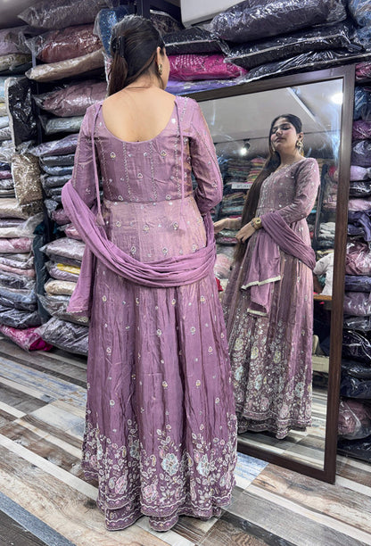 Elegant Partywear Flared Chinnon Silk Front-Slit Anarkali Suit Set with Beadwork Skirt & Dupatta
