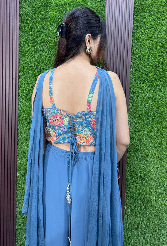 Designer Cordset Style Spaghetti Digital Printed Crop Top Sharara Set with Choker Dupatta