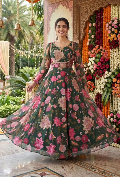 Beautiful Floral Printed Chiffon Full-Flare Anarkali Suit Set with Printed Dupatta