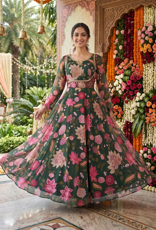 Beautiful Floral Printed Chiffon Full-Flare Anarkali Suit Set with Printed Dupatta